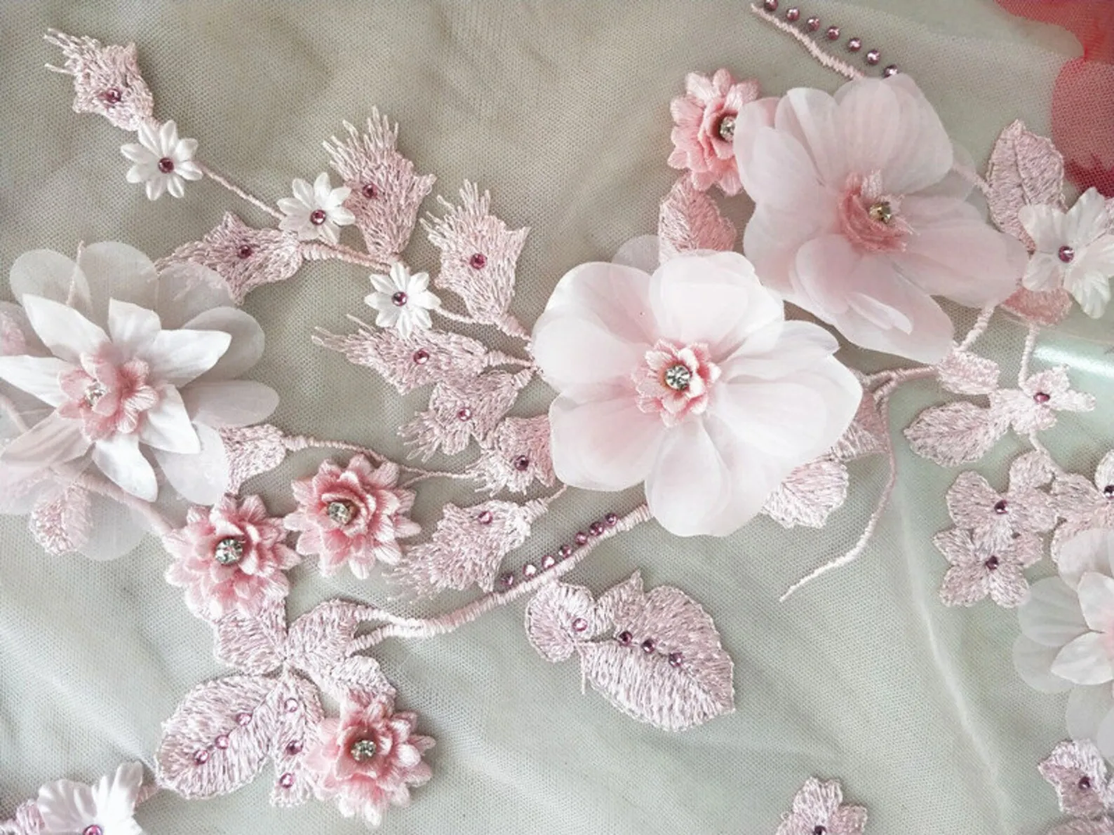 

Pink 3D Flowers Appliquéd Lace Fabric 1 Yard Light Blue Floral Embroidered Tulle Bridal Dress Wedding Gown Fabric