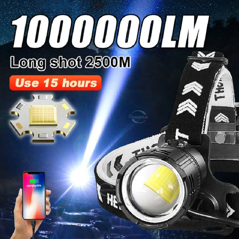 

1000000LM Most Powerful Led Headlight Super Bright Spotlight Headlamp Usb Rechargeable Head Flashlights 2500M Fishing Head Torch