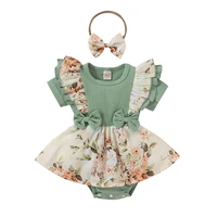 baby girls rompers infant newborn floral print bodysuit o neck short sleeve bow girl jumpsuit summer ruffles toddler clothes