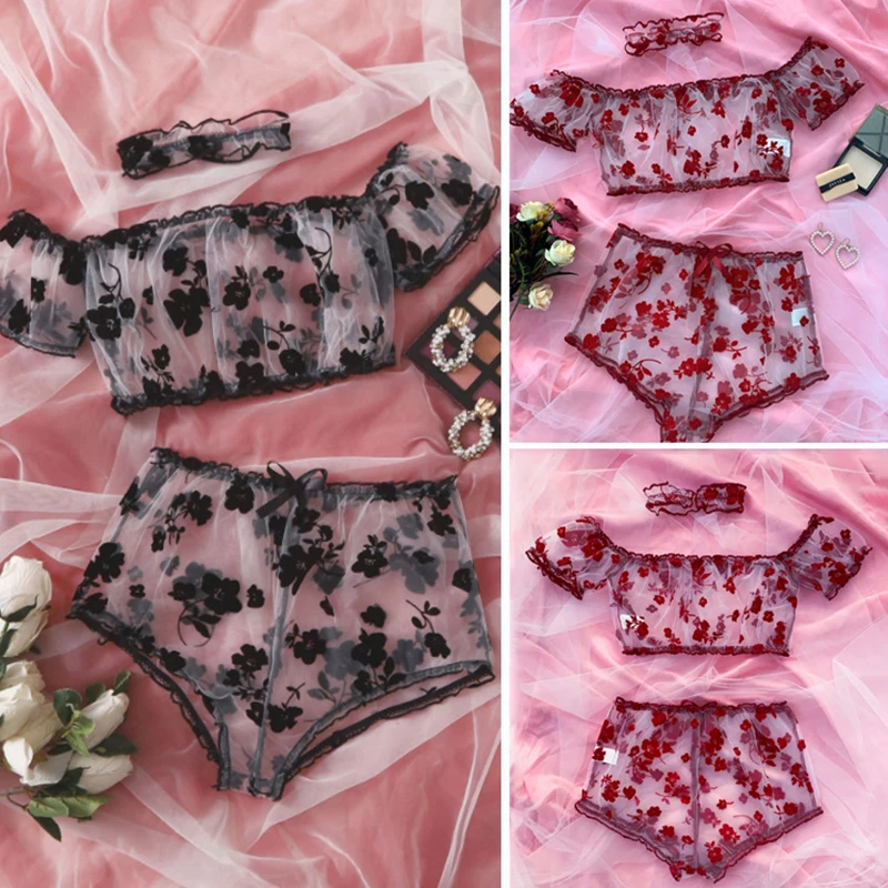 

Flower Embroidery Lace Underwear Set Women Sexy Lingerie Strapless Sets Ladies Brief Sets Girls Sensual Lingere Set 3 Piece