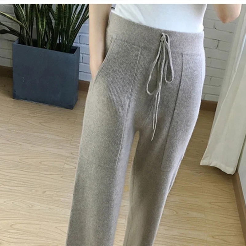 Autumn and winter new soft and comfortable cashmere trousers women's pure knit wide leg pants casual loose wool knit pants women
