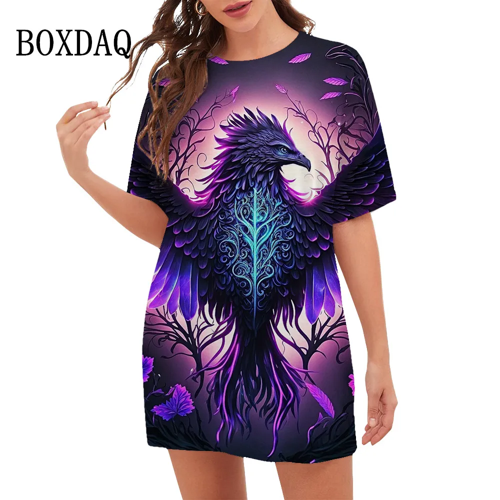 

Женское платье с круглым вырезом, готическое свободное мини-платье большого размера с коротким рукавом и 3D-принтом орла, 2023
