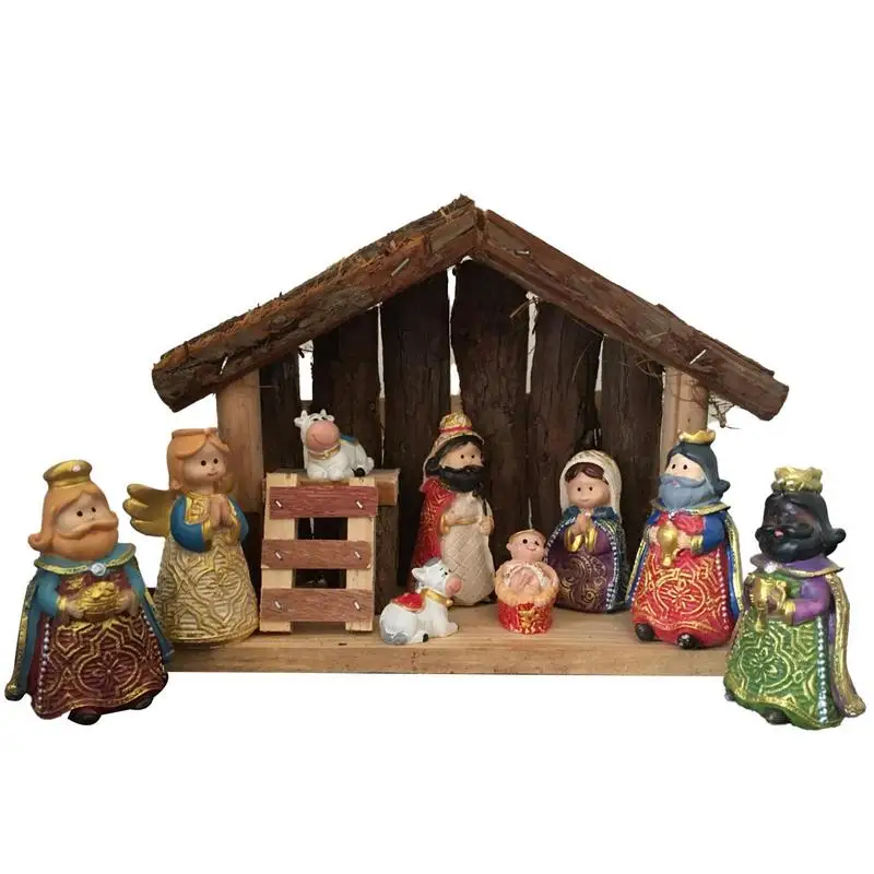 

Cute Carton Christmas Manger Nativity Set Creative Nativity Scene with LED String Lights Sculpted Nativity Figure Decor