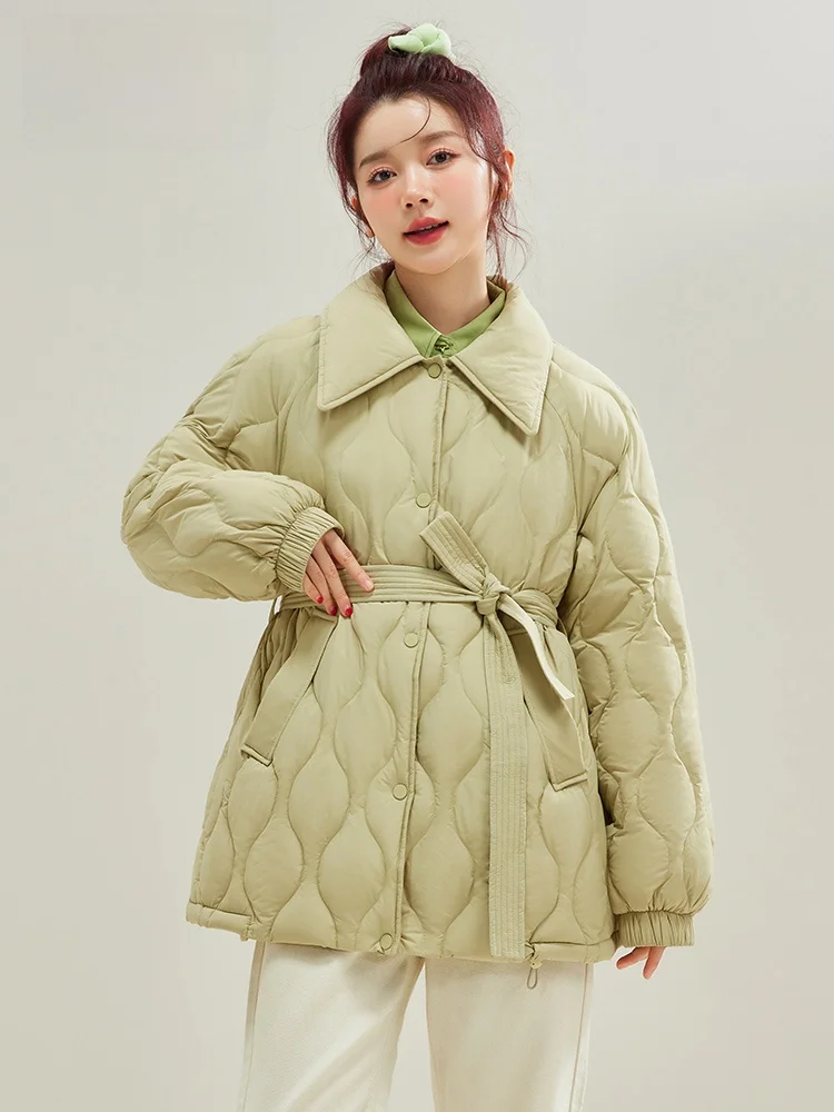 Snow Flng Mid-Length Waist Hugging Down jacket Women 2024 New Simple Shirt Collar Versatile Winter Fashion Outerwear