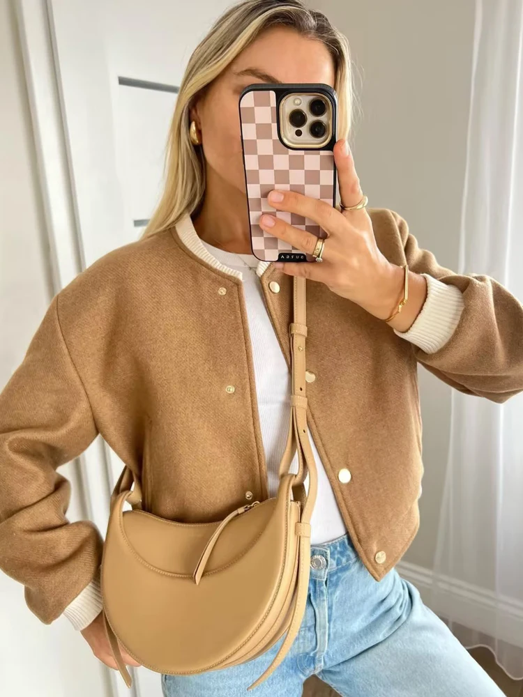 

SLTNX Fashion Bomber Jackets for Women 2023 Chic Single-breasted Coat Female O-Neck Long Sleeve Coats Ladies New Outerwear