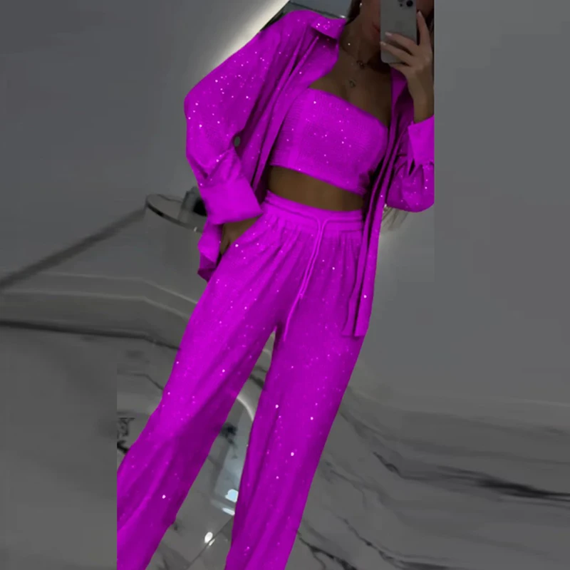 Женский элегантный блестящий костюм-рубашка с пайетками