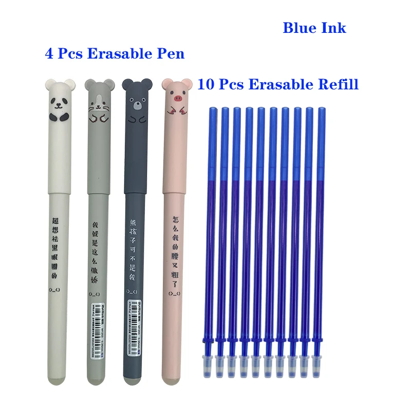 

4 Pcs + 10 Refill Animals Erasable Pen 0.35mm Refill Rods Cute Panda Cat Pens Kawaii Ballpoint Pen Pens for Writing