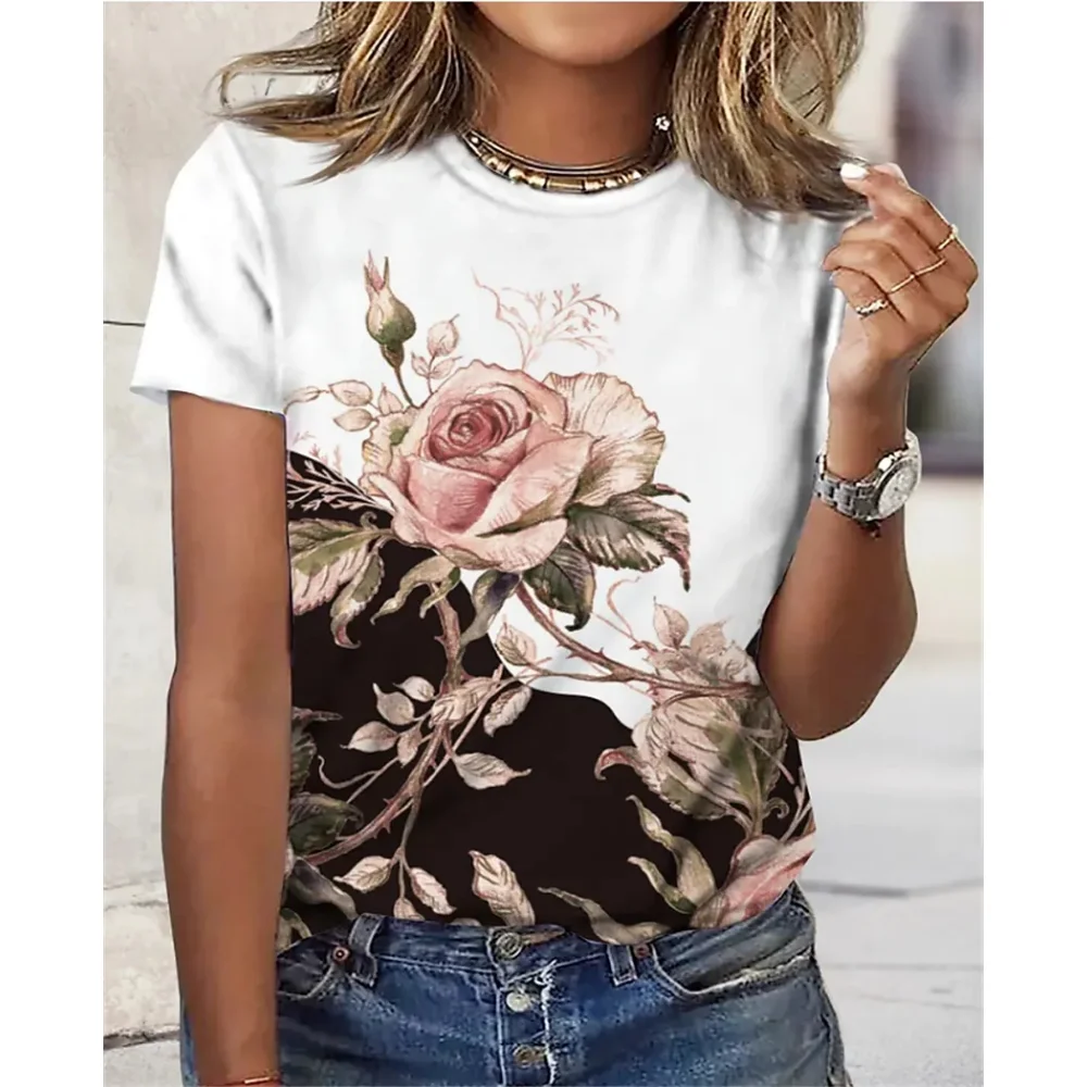 

Summer New Women T-shirt Flower Pattern 3D Printing Fashion Casual Short Sleeve Tee Daily Street Wear Round-Neck Woman Clothing