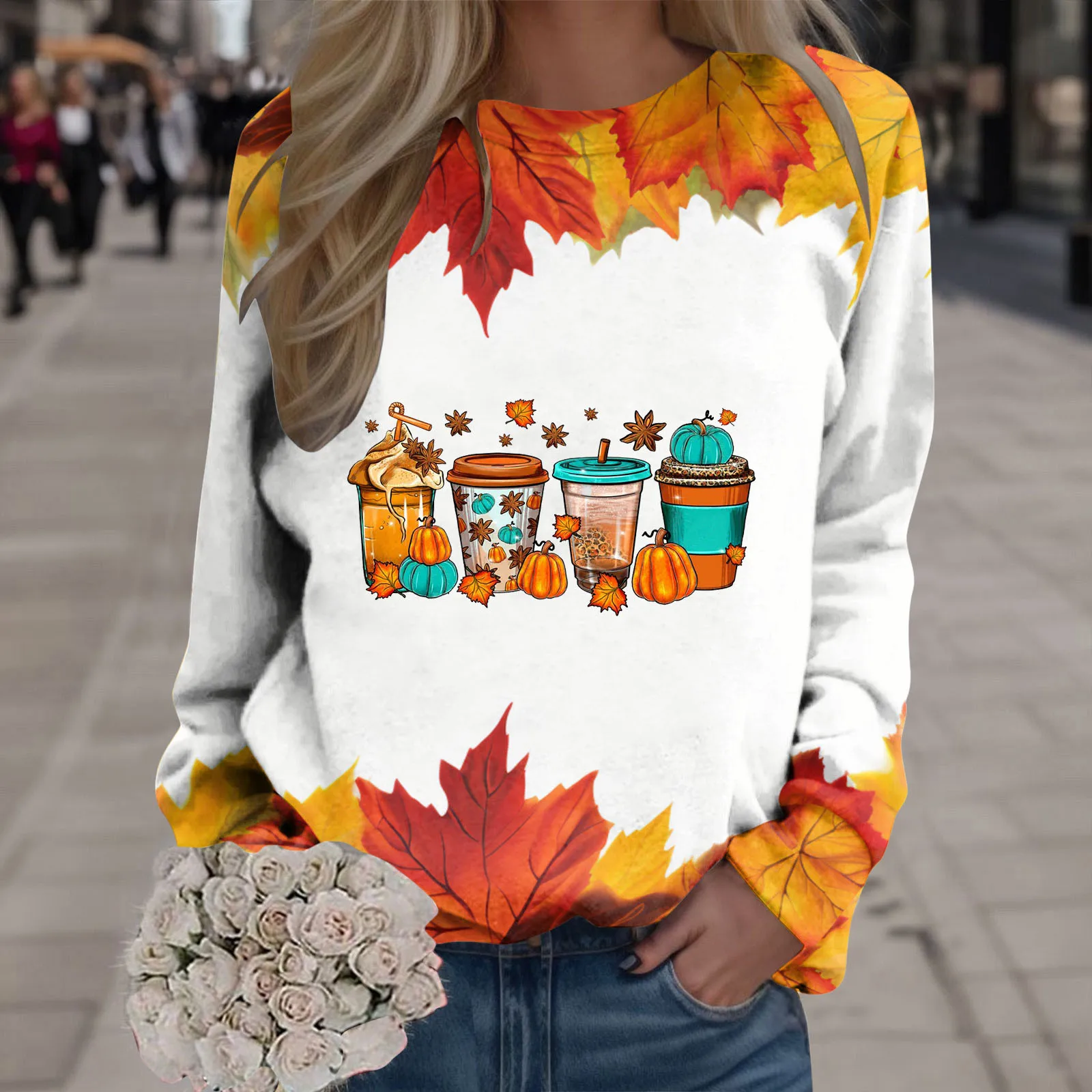 

Womens Print O Neck Sweatshirt Round Neck Fit Pullover Tops Casual Long Sleeve Workout Shirts Loose Fleece Lined Pullover Women