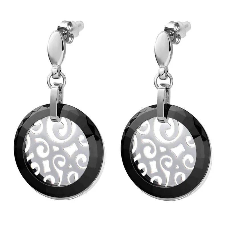 

2023 Fashion Jewelry Retro style Crystal from Swarovskis Black Ceramic earrings with Titanium steel hollow pattern Fit Women
