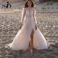 sodigne beach wedding dress boho vestido de noiva side split lace bridal dress long sleeves vintage wedding gowns