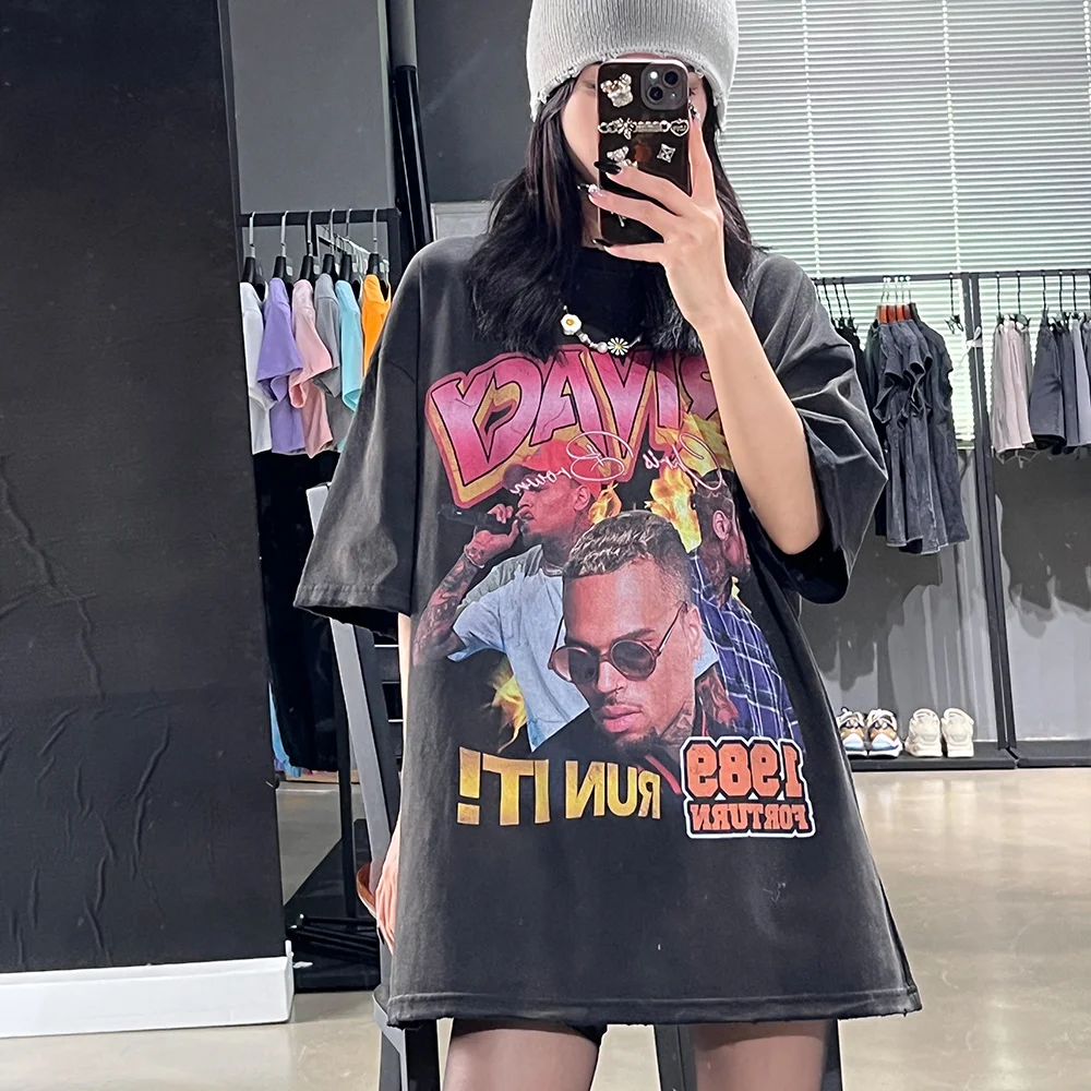 

Футболка мужская с потертостями, винтажная моющаяся тенниска в стиле хип-хоп, уличная одежда в американском стиле Харадзюку, с принтом в вид...