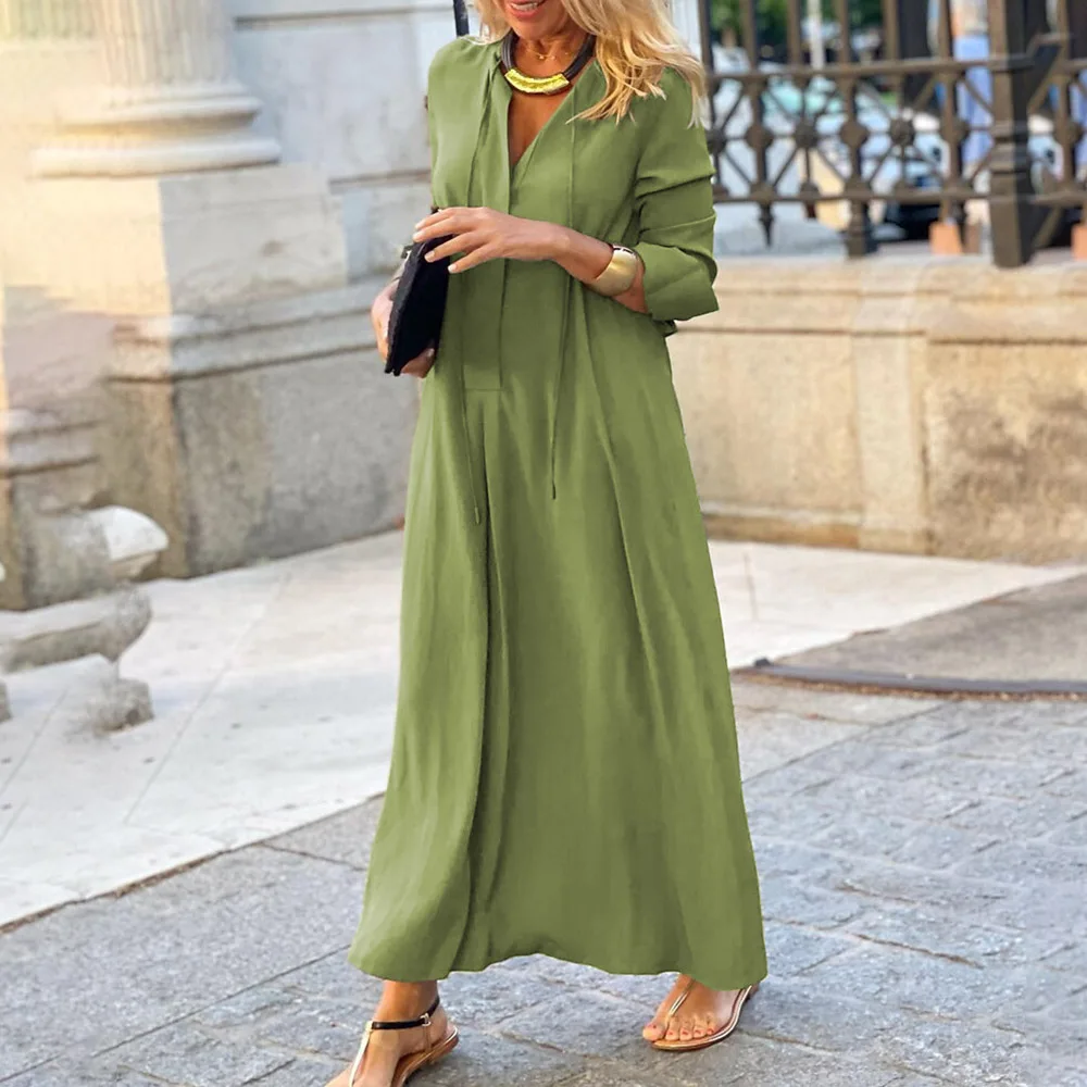 

Fashion V Neck Front Lace-up Long Sleeve High Waist Large Hem Shirt Dress Simple Solid Loose Pullover Long Dress Thin Streetwear