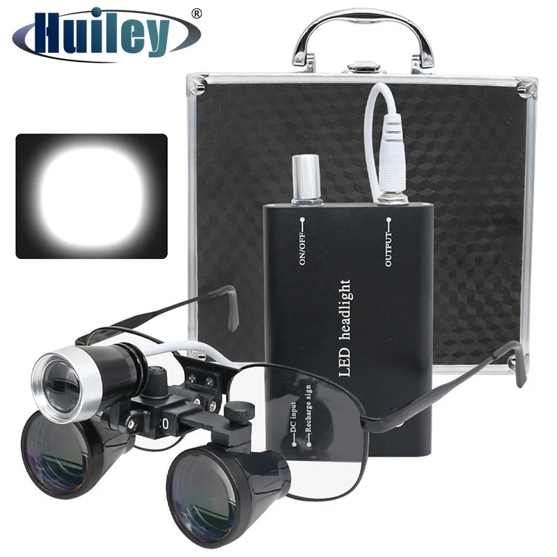 3.5X 2.5X Dental Binocular Loupes LED Headlamp Lithium Battery Optical Glass Magnifier 320-420mm Dental Loupes Set Metal Case