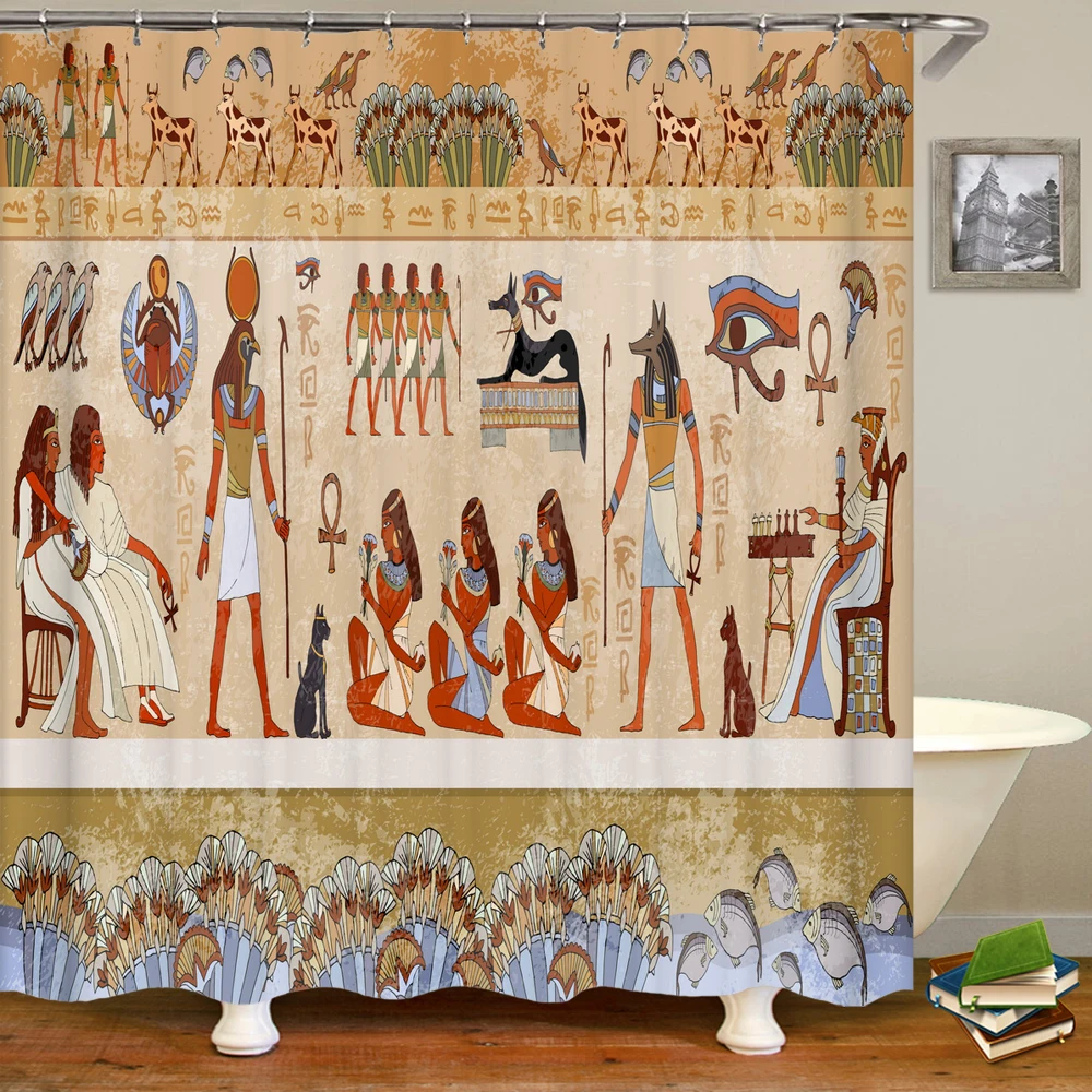 

Занавеска для душа с рисунком Фараона из древнего Египта, Ткань Водонепроницаемая с крючками, экран для ванны из полиэстера