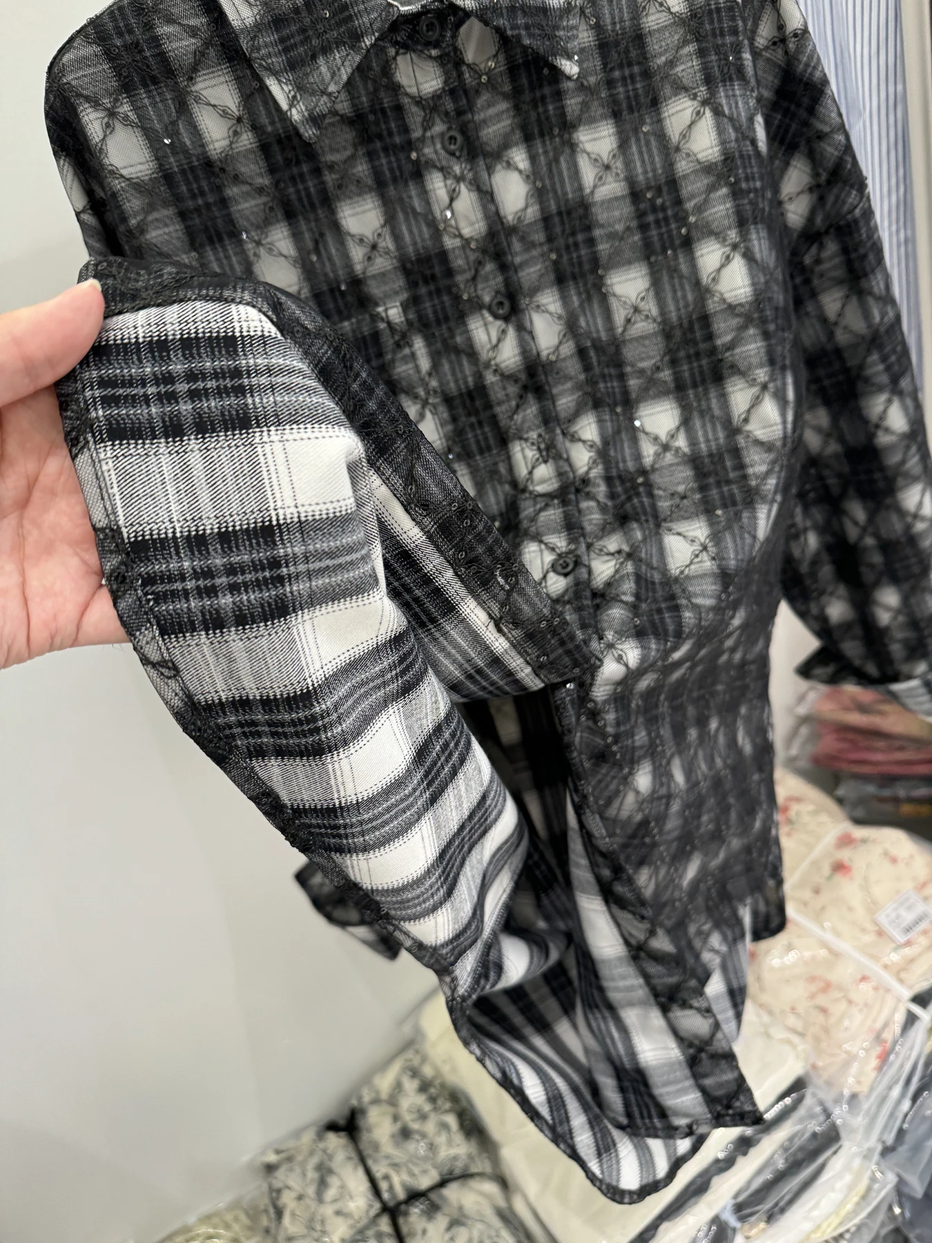 Французские рубашки в клетку с длинными рукавами стиле ретро блестками женские