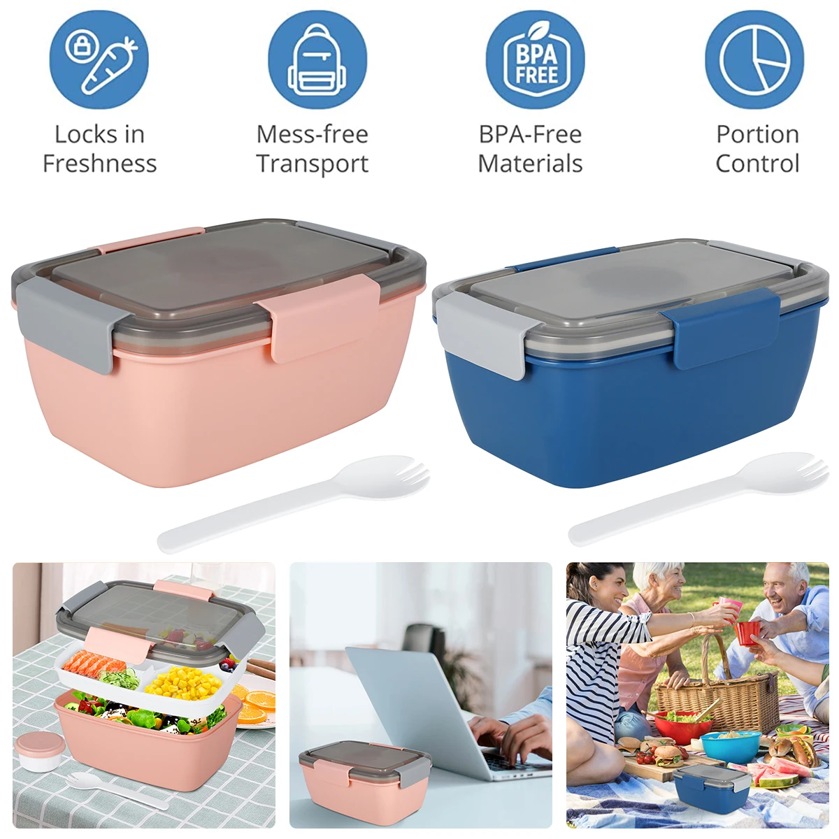 

2L Portable Hermetic Lunch Box 2 Layer Grid Children Student Bento Box with Fork Spoon Leakproof Microwavable Kitchen Container