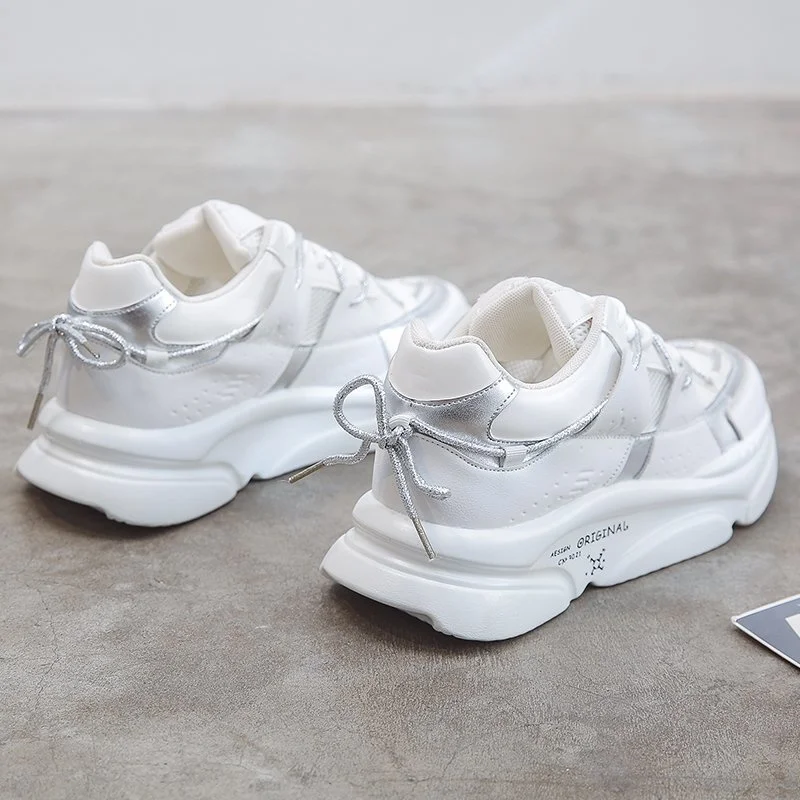 

Women Platform Sneakers 2023 Leather Casual Ladies Chunky Shoes Plus Size 41 42 43 White Woman Fashion Thick Sole Wedge Sneakers