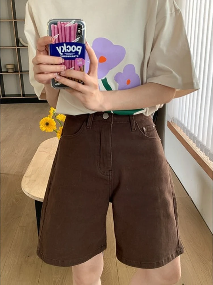 

QWEEK Vintage Harajuku Brown Short Jeans Women Y2K Retro Oversize Wide Leg Denim Pants Knee Length Korean Streetwear Shorts 2022
