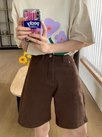 qweek vintage harajuku brown short jeans women y2k retro oversize wide leg denim pants knee length korean streetwear shorts 2022