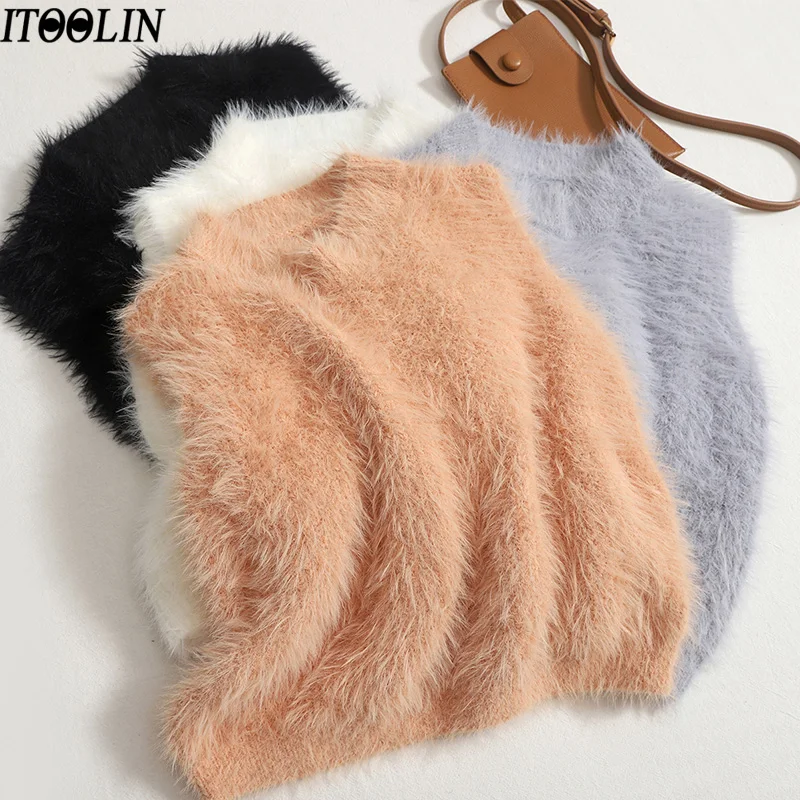 

ITOOLIN Faux Mink Sweater Vest Women Spring Elegant Sweaters Vest O-Neck Solid Sleeveless Tops For Women Casual Jumpers 2023