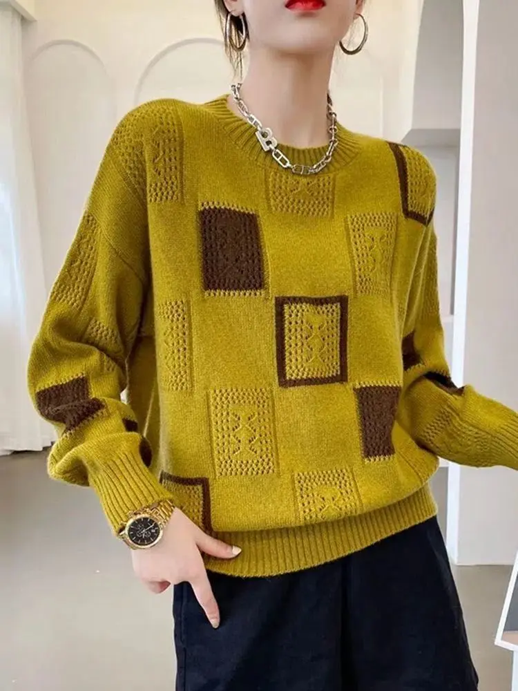 

Women's Winter Colorblock Plaid Pullovers Korean Fashion Tops Oversized Sweater O-Neck Retro Warm Ladies Jumpers Free Shipping