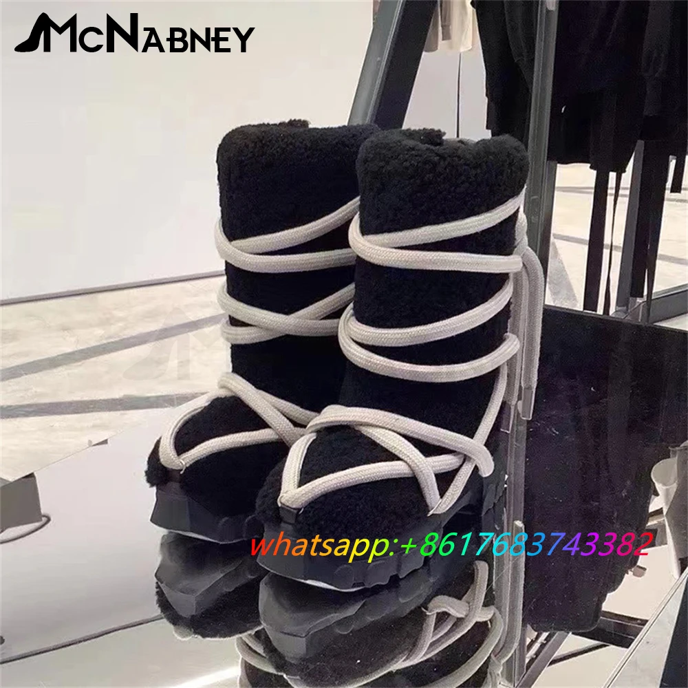 Winter Warm Fashion Boots for Women Fur Lace Up Cross Strap Calf Boots Designer Style Round Toe Shoes High Quality Snow Boots