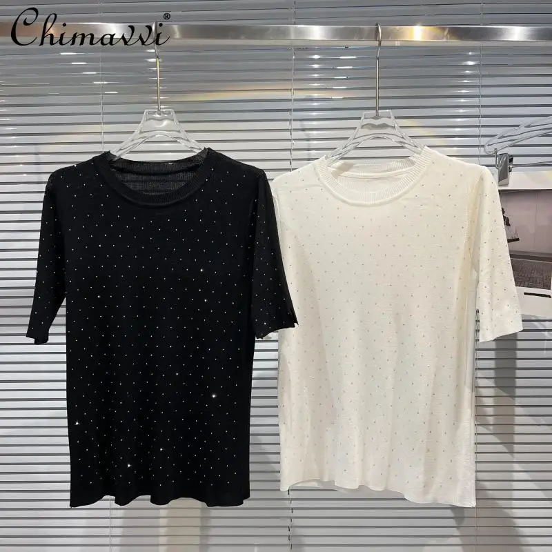

New 2022 Summer Fashion Starry Rhinestone Round Neck Cotton Knitted T-shirt Ladies Slim Temperament Short Sleeve Women's Top