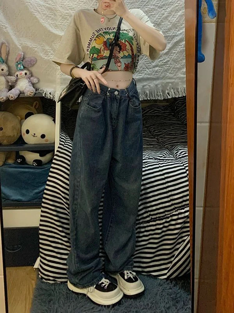 

Women's Vintage Blue High Waist Button Jeans Casual Straight Wide Leg Pants Fashion High Street Mopping Denim Trouser Ladies