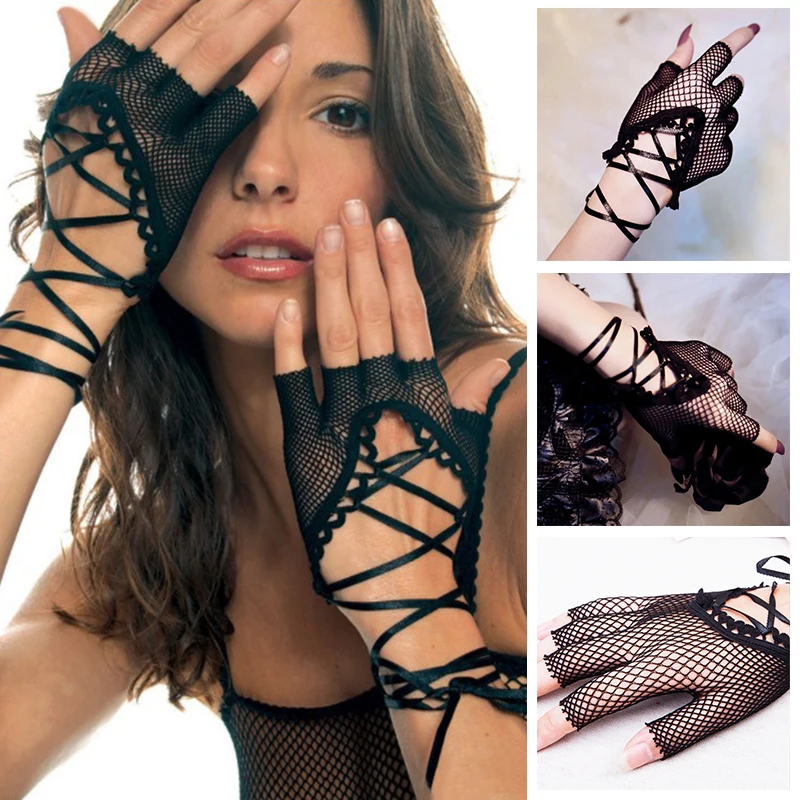 

Wrist Band Lace Fingerless Gloves Sexy Hollow Out Punk Lace-up Fishnet Mesh Gloves Party Costume Dance Bandage Gloves Goth Rock