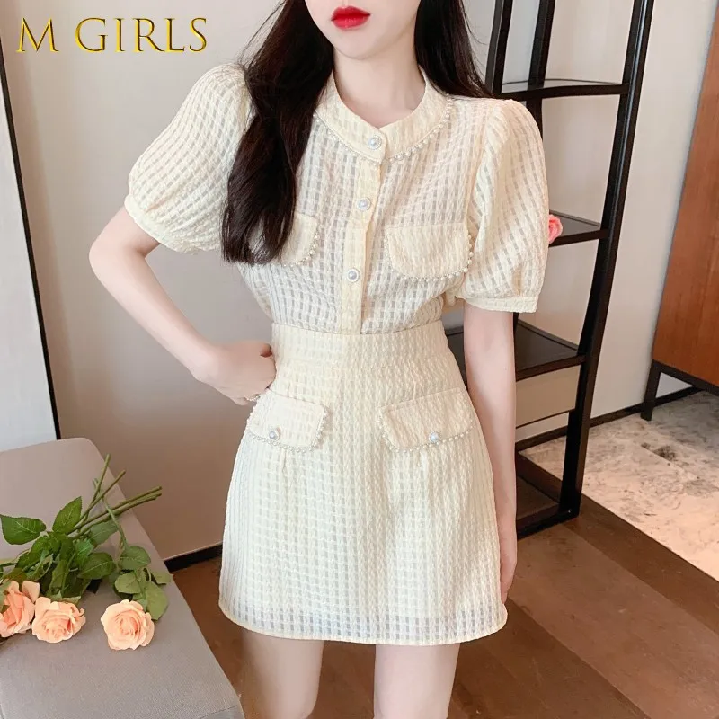 2021 Summer Solid Color Sweet Beading Short Puff Sleeve Shirt Top + High Waist A-Line Mini Skirt Suits Women's Two Piece Set
