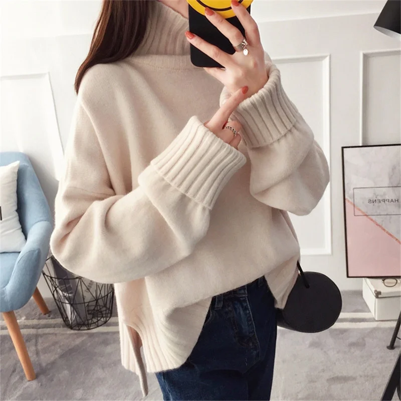 

Autumn 2022 Winter New Solid High Collar Thick Warm Soft Knitted Pullover Sweater Women Korean Casual Turtleneck Knit Jumper