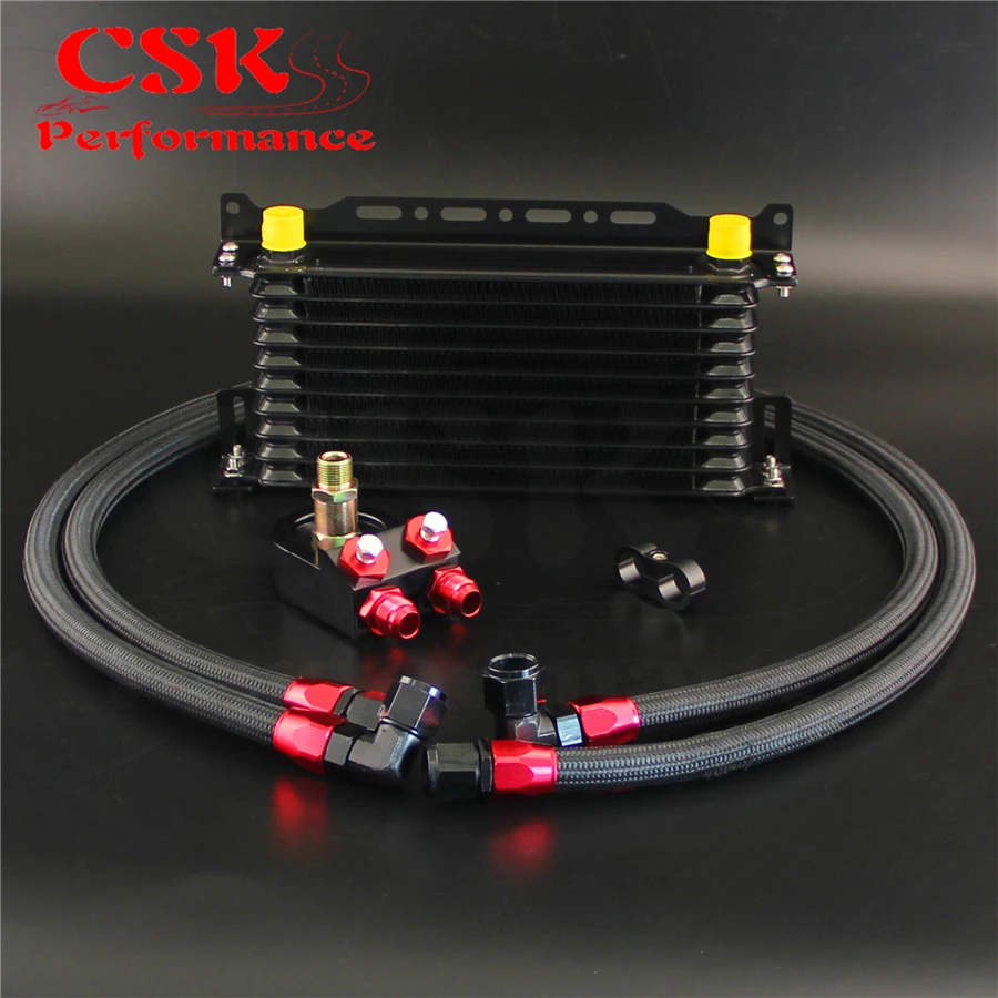 

10 Row Trust Oil cooler w/Bracket + Filter Adapter Hose Kit For Japan car Black