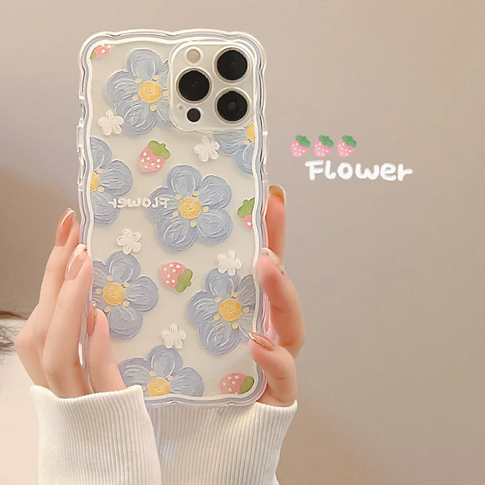 

Wavy Blue Flower Strawberry Cute Silicone Soft Back Case for Iphone X Xr 7 8 Plus 13 Promax 11 12 Mini Xsmax Phone Capa