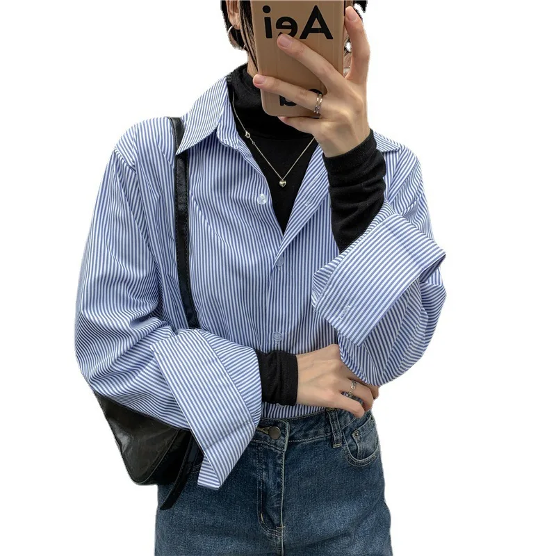 

New Women's Simple Loose Tops with Pinstripes Loose Longsleeved Shirts Women Shirts Button Up Shirt Korean Fashion Shirts Women