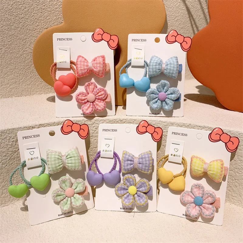 

4 Pcs New Fashion Korea Children's Plaid Fabric Bow Flower Hairpins Sweet Girl Princess Cute Love Rubber Band Hair Rope Headwear