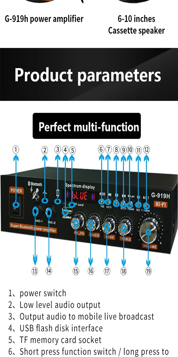 AK35/G919H 1000 Вт усилители мощности для дома и автомобиля 2-канальный Bluetooth объемный