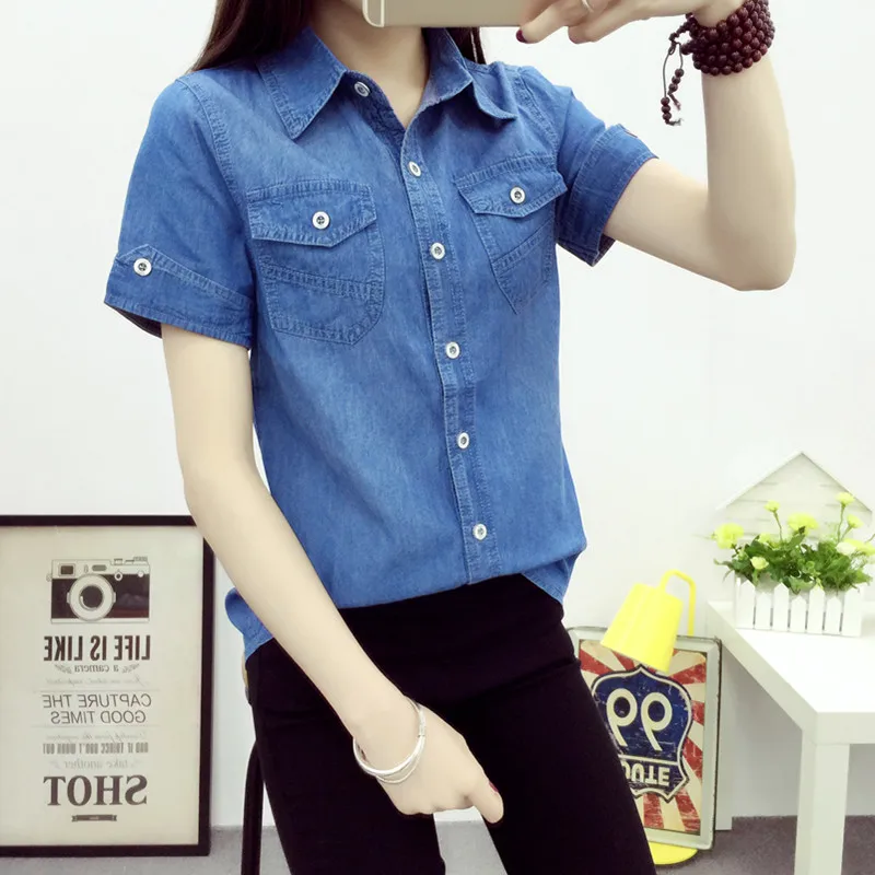 

Korean Style Women Shirts Summer Casual Short Sleeve Slim Denim Shirts