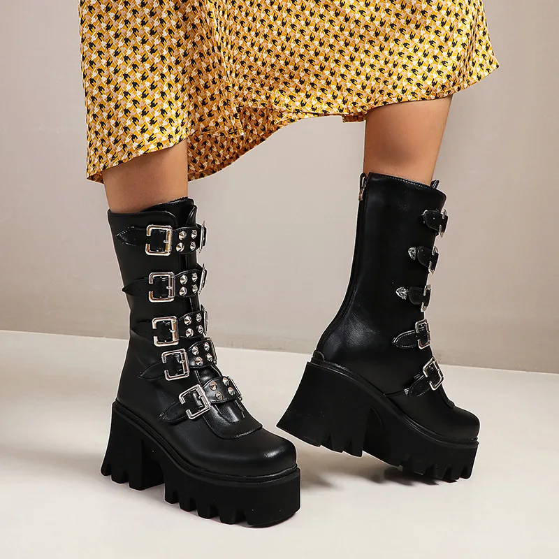 

Winter Gothic Punk Womens Platform Boots Black Buckle Strap Zipper Creeper Wedges Shoes Mid Calf Military Combat Boots Women