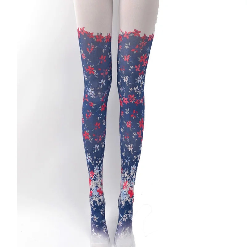 Women Kawaii Tights Harajuku Lolita Tattoo Pantyhose Cute Flower Carp Gradient Pattern Stockings Women Preppy Style Pantyhoses