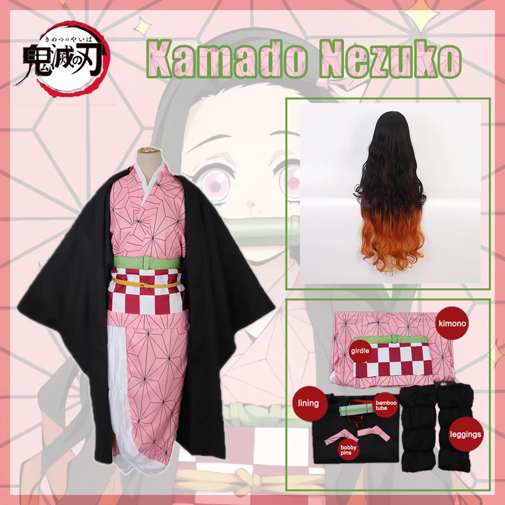 

Anime Demon Slayer Kamado Nezuko Cosplay Kimetsu no Yaiba Costume Kimono Uniform Clothes Props Set