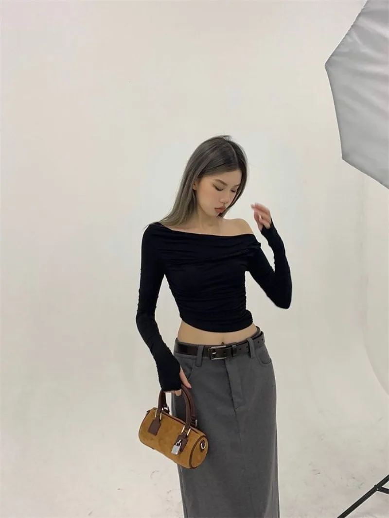 Черные Американские Футболки с вырезом лодочкой уличная одежда элегантные