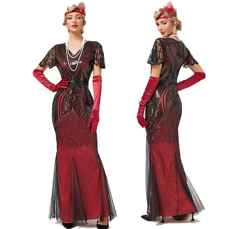 New 1920s 30s Flapper Dress Gatsby Charleston Deco Sequin Bead Dress Flapper Gatsby Party Long Evening Maxi Cocktail Dress Gown
