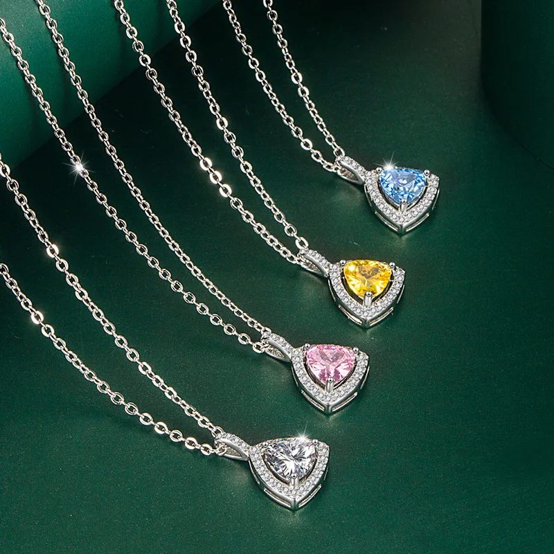 

New Triangle Pendant Yellow Diamond Pink Diamond Necklace Female Banquet Engagement Colorful Gem Zircon Necklace Jewelry