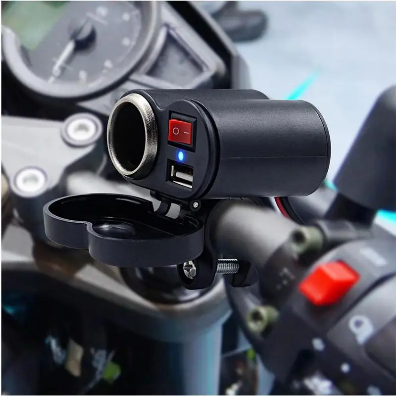 

Motorcycle Lighter Socket 5V/2A USB Charging Adapter Waterproof Handlebar & Rear View Mirror Clamp Power Outlet Kit With Switch