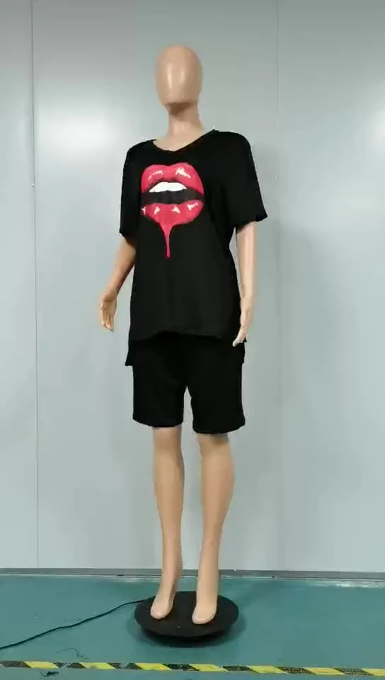 Plus Size Women Sets Green 5xl Fashion v Neck Short Sleeve Shorts Set 4xl Cartoon Lip Print Shorts Sets Womens 3xl 4xl 5xl 6xl
