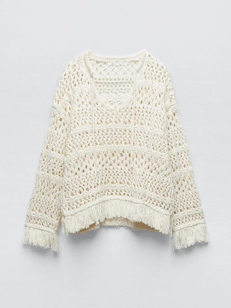 

Zach AiIsa new women's fashion all-match V-neck fringed decoration long-sleeved loose casual texture hollow knitted sweater