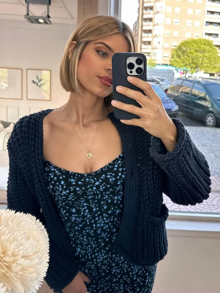 Элегантный однотонный вязаный кардиган с круглым вырезом женская мода