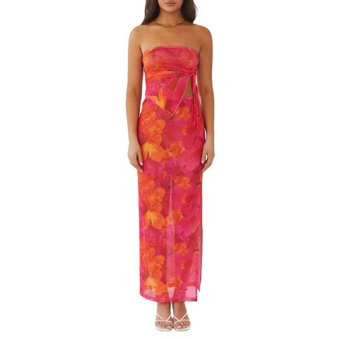 Женский летний комплект с юбкой Макси Y2k, Асимметричный топ на завязках с цветочным принтом и длинная юбка с разрезом, костюм, одежда для выхода на выход