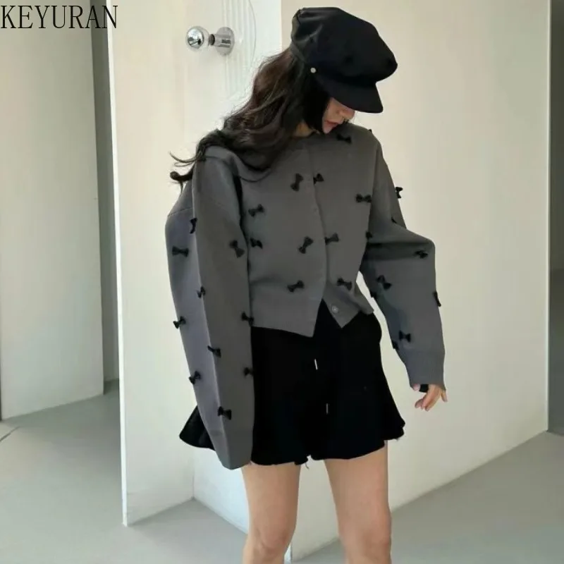 Женский вязаный кардиган с круглым вырезом однобортный свитер длинным рукавом и